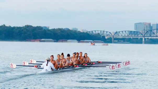 The UofL Rowing Team practices on the Ohio River