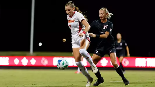 Nicole Jodoin defends the ball during the game against Detroit Mercy at Lynn Stadium on August 21st, 2025.