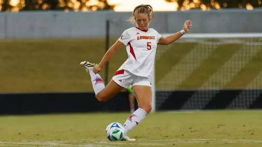 Grace Maddox playing a long ball downfield during the game against Dayton Flyers at the Dr. Mark and Cindy Lynn Stadium on September 7th, 2025.