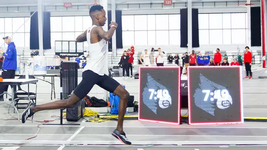 Elsingi Kipruto crosses the finish line to set a program record in the men's 3000m at the 2026 PNC Lenny Lyles Invitational