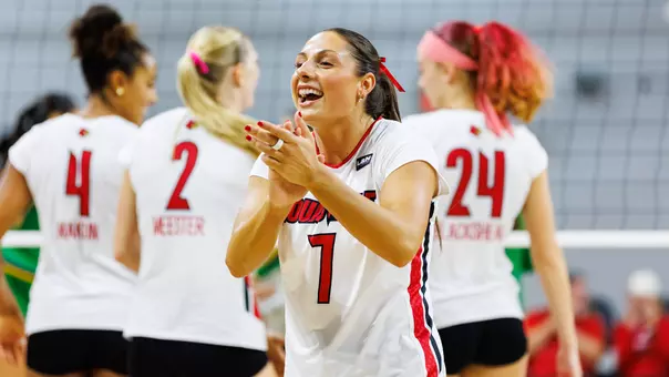 Chloe Chicoine celebrates a point against Notre Dame