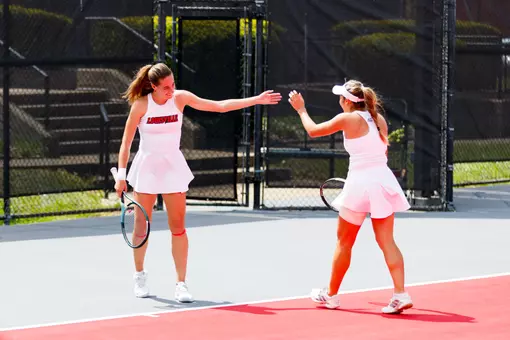Berta Miret and Elena Noguero celebrate after winning a difficult point during the match against Austin Peay at the Bass-Rudd Tennis Center on April 11th, 2026.
