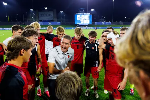 John Michael Hayden encourages the team in a huddle after the game against Kentucky at the Wendell & Vickie Bell Soccer Complex on August 24th, 2026.