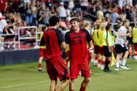 Giacomo Zizza and Andres Escudero celebrate during the game against Indiana at the Dr. Mark and Cindy Lynn Stadium on August 31st, 2026.