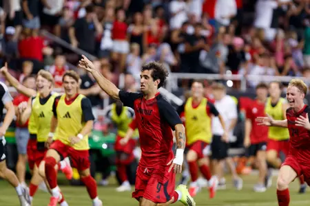 Andres Escudero celebrates after scoring the first goal during the game against Indiana at the Dr. Mark and Cindy Lynn Stadium on August 31st, 2026.