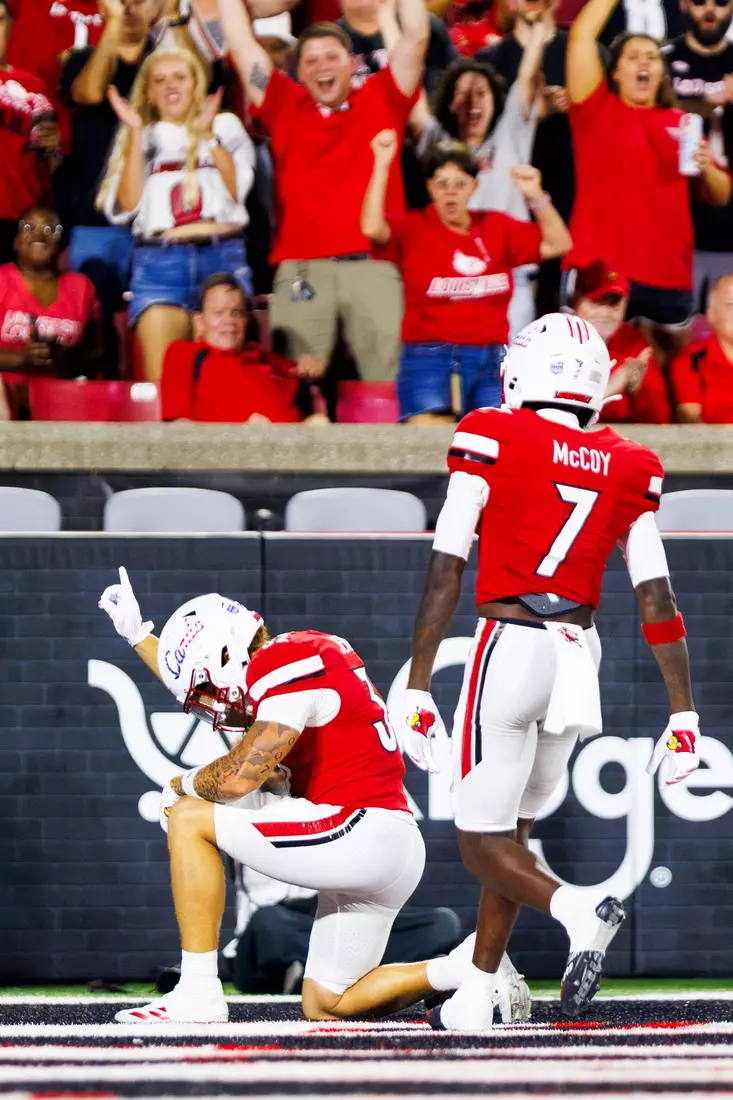 Braxton Jennings celebrates a touchdown during the game against Villanova at L&N Stadium on September 11.