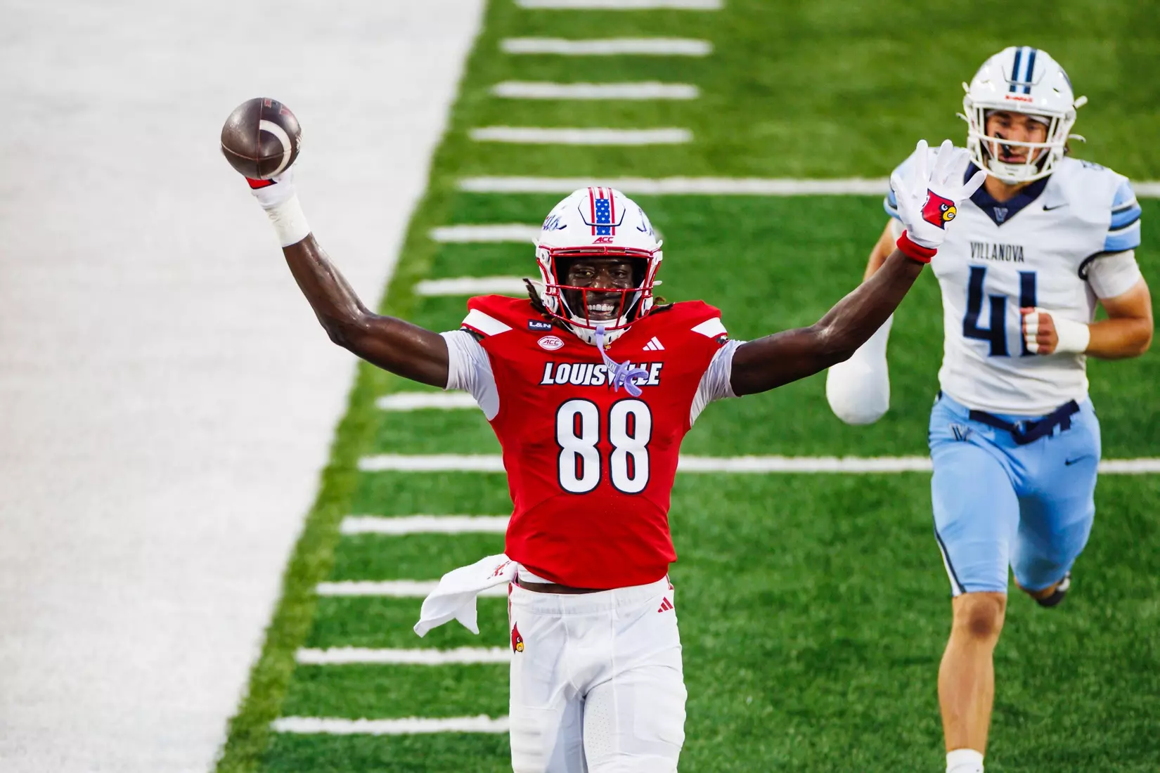 Jaleel Skinner celebrates a touchdown during the game against Villanova at the L&N Stadium on September 11.