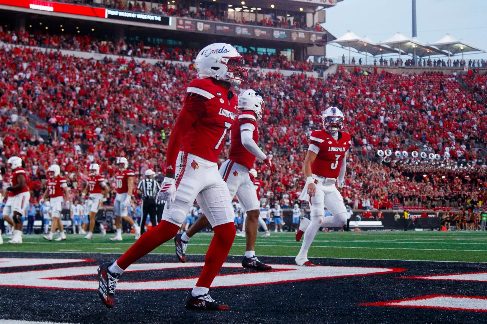 Lawayne McCoy and Lincoln Kienholz celebrating a touchdown during the game against Villanova at L&N Stadium on September 11.