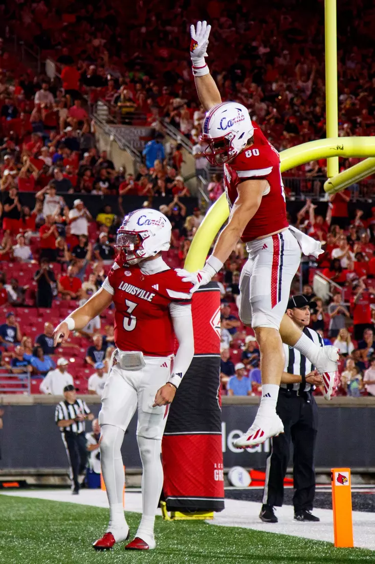 Lincoln Kienholz and Brody Foley celebrating a touchdown during the game against Villanova at L&N Stadium on September 11.