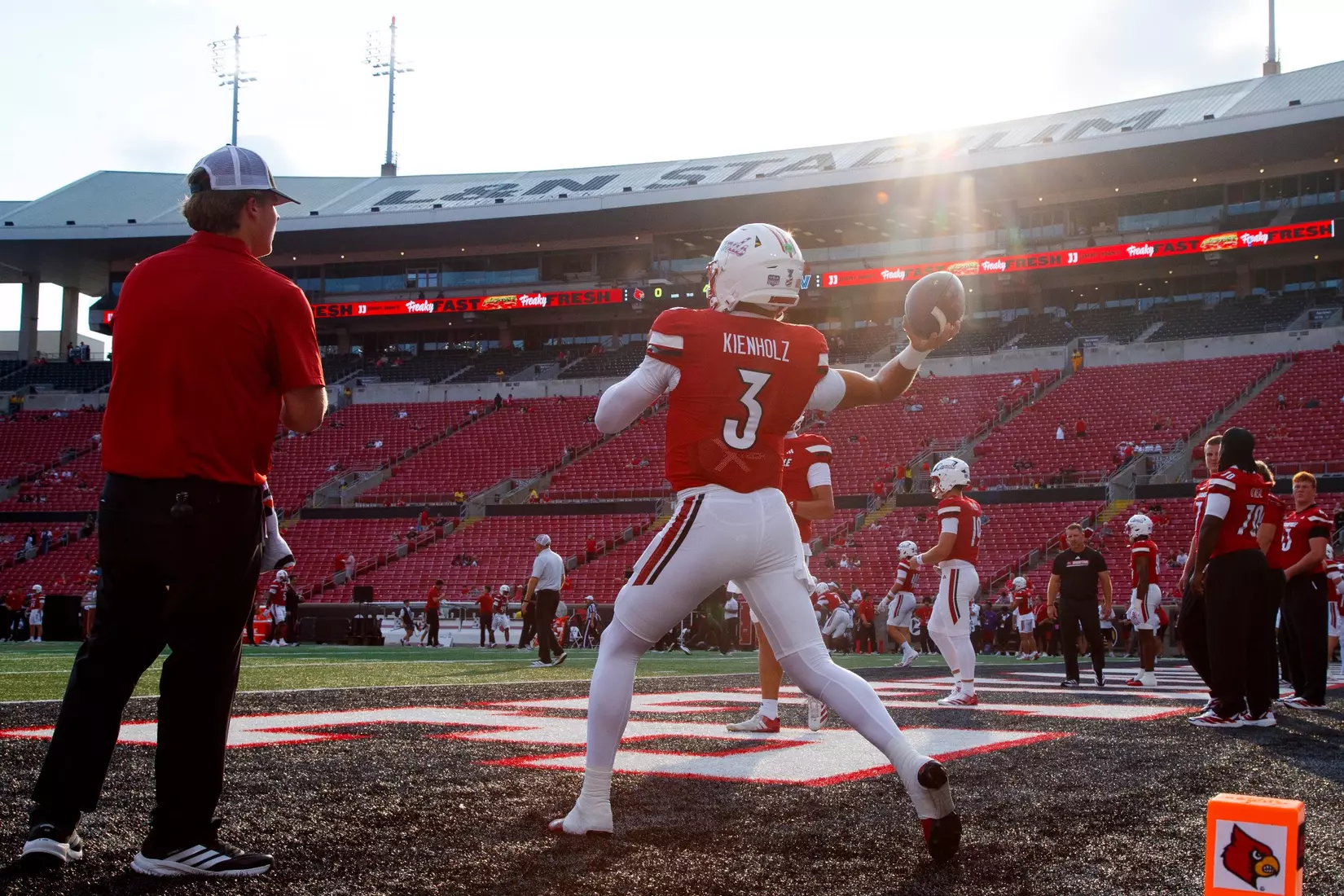 Lincoln Kienholz throwing the ball during warmups before the game against Villanova at L&N Stadium on September 11.