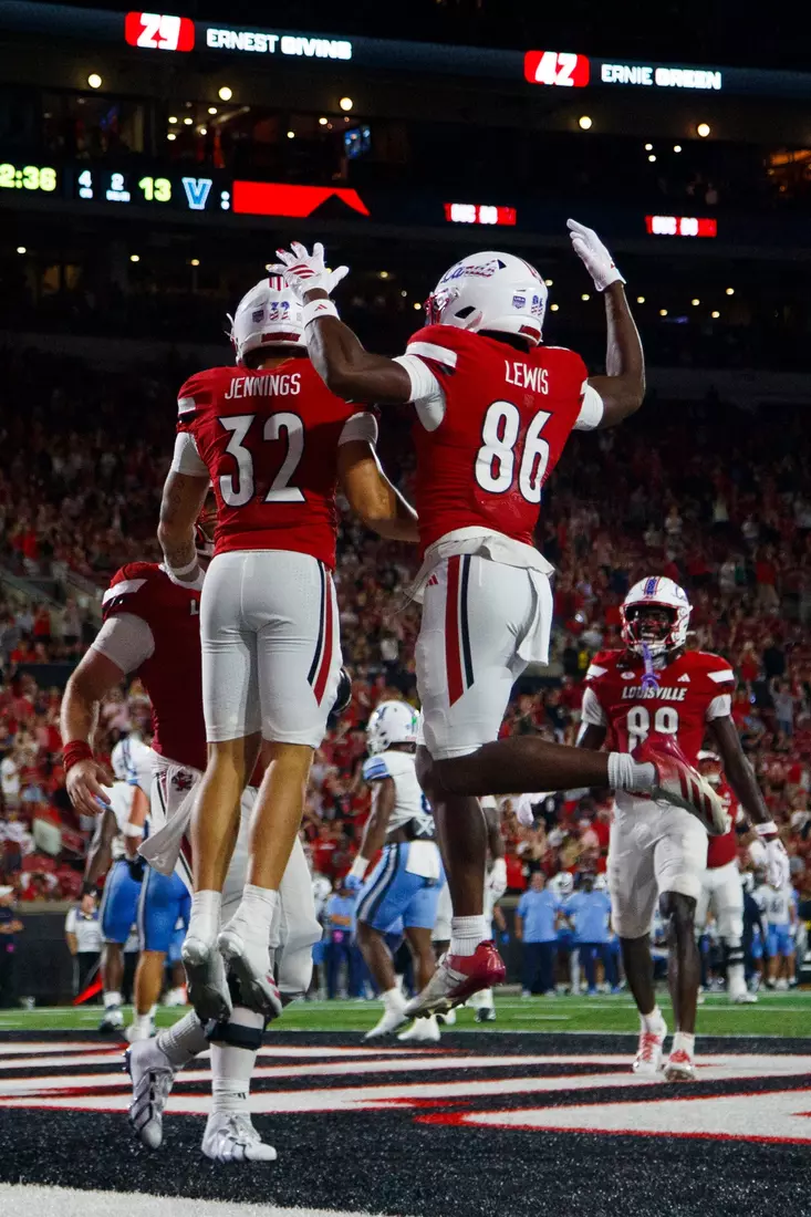 Braxton Jennings and Elizjah Lewis celebrating a touchdown during the game against Villanova at L&N Stadium on September 11.