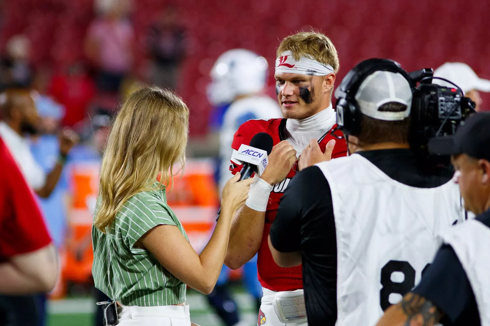 Lincoln Kienholz being interviewed after the game against Villanova at L&N Stadium on September 11.