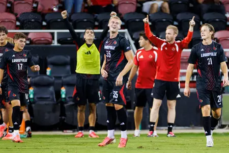 Cooper Olson celebrates a goal during the game against Belmont at the Dr. Mark and Cindy Lynn Stadium on September 21st, 2026.