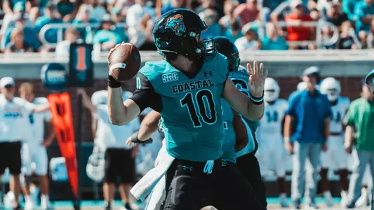 Grayson McCall drops back to pass versus ODU (10-15-22)