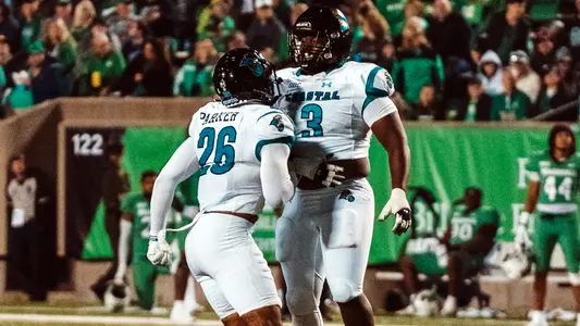 Griffin and Parker celebrate sack at Marshall (10-29-2022)