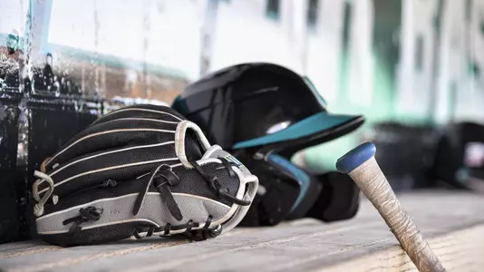 Helmet and glove in dugout with bat
