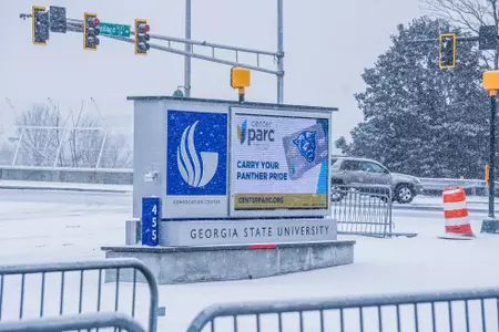 Georgia State Basketball arena sign in snow