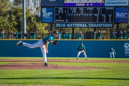 Riley Eikhoff pitches against Washington on 2/16/2025