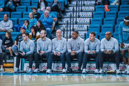 Coastal Carolina MBB staff coaches during South Alabama game on 2/5/2025