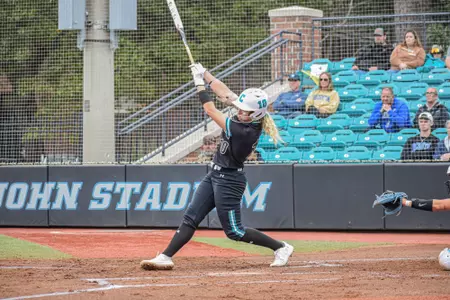 Delaney Keith hits ball against Creighton on 2/8/2025