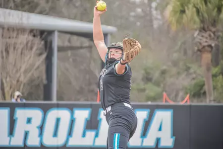 Abby Henderson pitches against Creighton on 2/8/2025