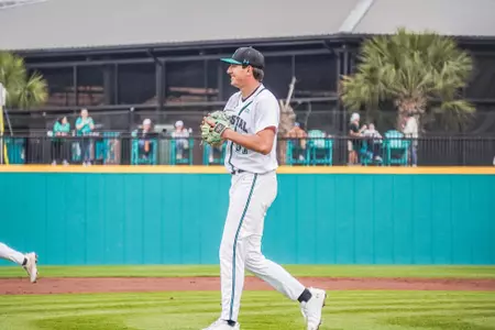 Jacob Morrison smiles coming off mound against Georgia Southern on 3/14/2025