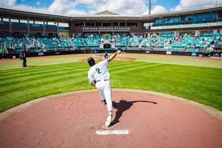 Cameron Flukey warms up against Georgia Southern in game one on 3/15/2025