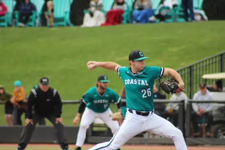 Riley Eikhoff pitches against Rutgers in the finale on 3/2/2025