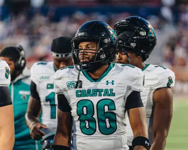 Josh Humes between plays against South Alabama on 9/20/2025