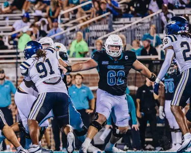 Nick Del Grande makes block during Charleston Southern game on 9/6/2025