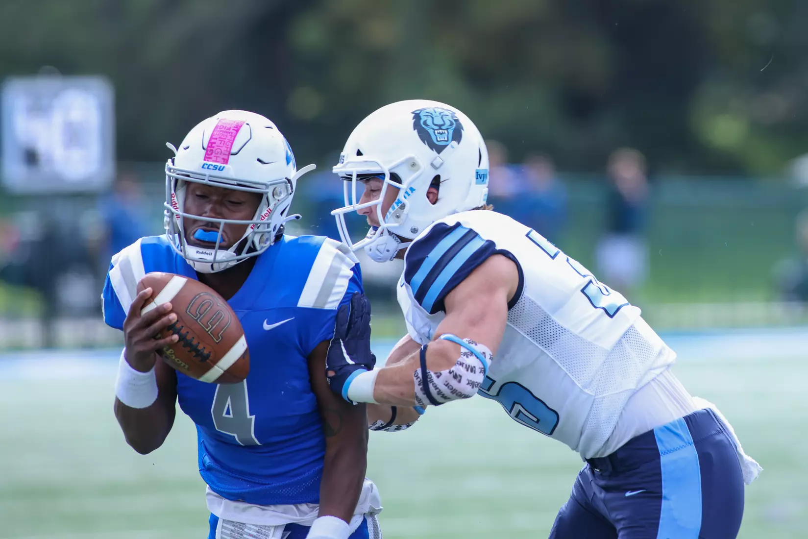 Oct. 09, 2021; New Britain, Connecticut, USA; during a nonconference matchup between Columbia and Central Connecticut State at Arute Stadium. The Lions won the game 22-20 over the Blue Devils. Photo by Foley-Photography.