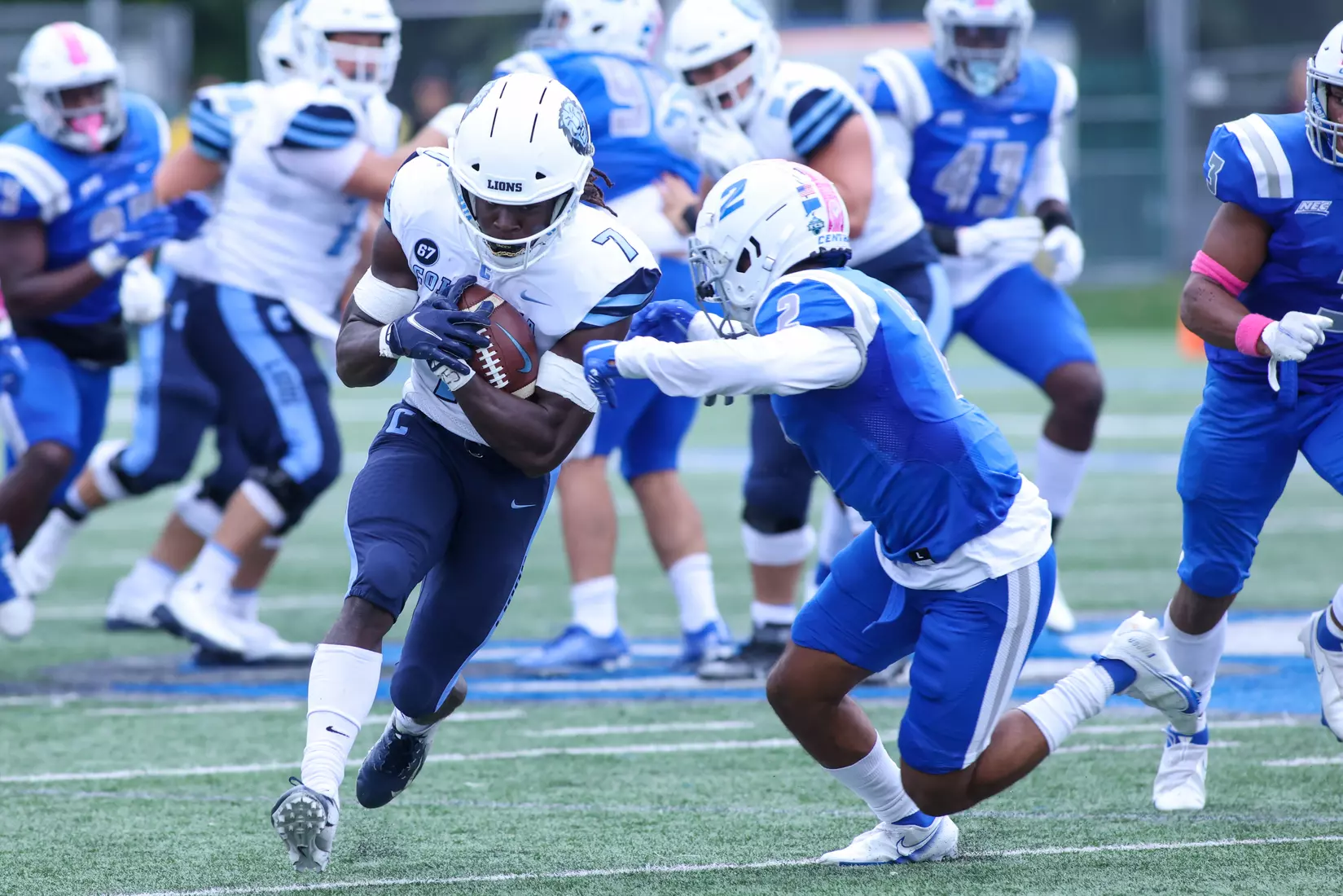 Oct. 09, 2021; New Britain, Connecticut, USA; during a nonconference matchup between Columbia and Central Connecticut State at Arute Stadium. The Lions won the game 22-20 over the Blue Devils. Photo by Foley-Photography.