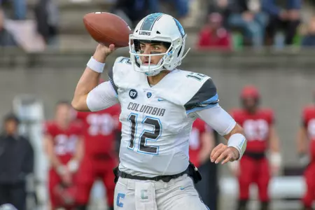 November, 3, 2018, Allston, Massachusetts, United States: Columbia Lions quarterback Ty Lenhart (12) during an Ivy League matchup between Columbia and Harvard at Harvard Stadium. Photo by © Brian Foley for Foley-Photography
