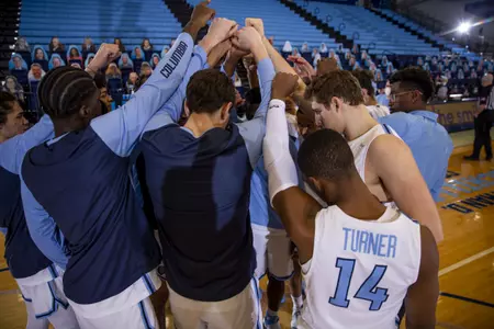 Columbia huddles prior to its game against Harvard (1/15/22).