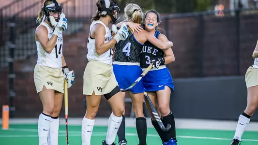 Hannah Miller celebrates with Leah Crouse after scoring a goal against Wake Forest
