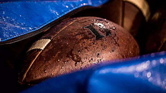A rain soaked Duke football sits inside a bag during the Blue Devils contest with Wake Forest