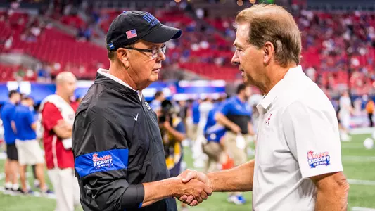 Blue Devils head coach David Cutcliffe talks before Duke's opener with Alabama head coach Nick Saban.