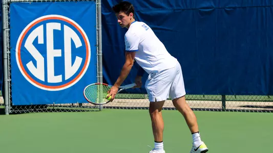 Garrett Johns gets ready to serve for Duke against South Florida
