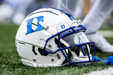 A Duke football helmet sits on the ground prior to the Blue Devils game with Wake Forest