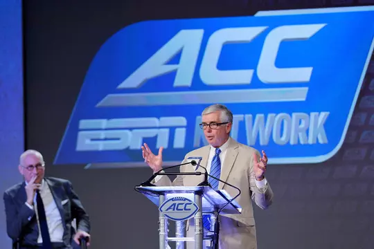 Kevin White, Vice President and Director of Athletics at Duke University, and Chair of the ACC Television Committee, addresses the audience after announcement of the ACC Network, a comprehensive linear and digital network partnering ESPN and the ACC, during the 2016 ACC Football Kickoff in Charlotte, N.C., Thursday, July 21, 2016. (Photo by Sara D. Davis, the ACC.com)