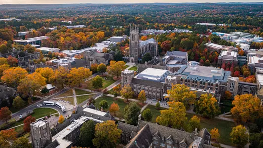 An aerial shot of Duke's West Campus during the fall