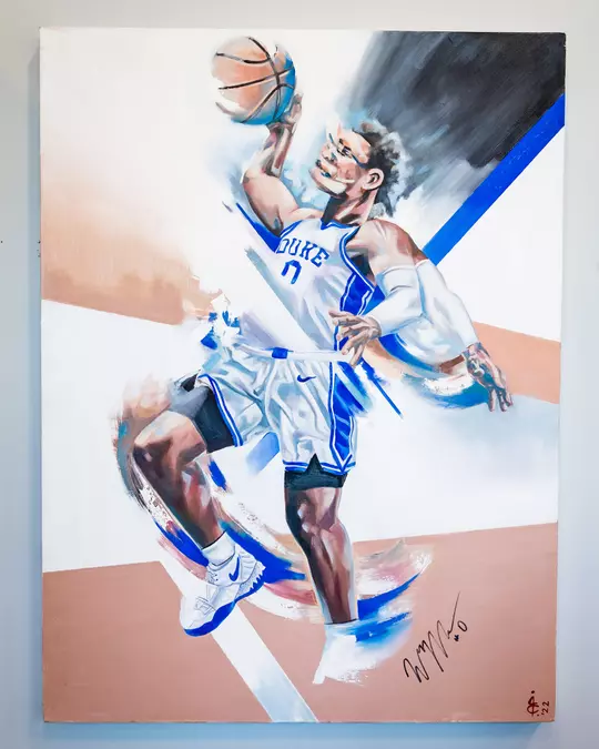A painting of Wendell Moore by Duke field hockey's Issy Careyy