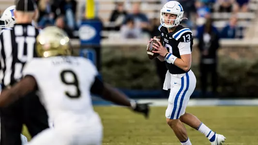 Riley Leonard looks downfield during Duke's game with Wake Forest