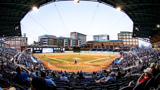 View of the Durham Bulls Athletic Park from the stands during a Duke baseball home game.