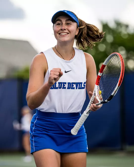 Chloe Beck celebrates a point during a Duke women's tennis match.