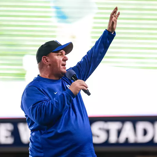 Football head coach Mike Elko greets fans at the 2022 spring game