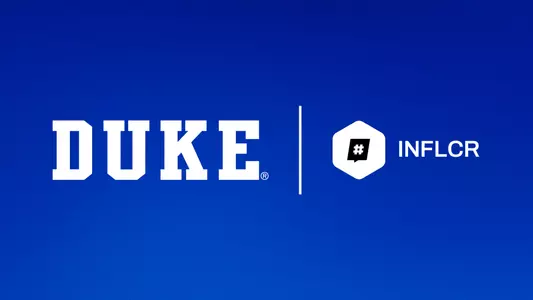 Graphic with Duke logo and INFLCR logo on a blue background