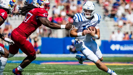 Riley Leonard rushes downfield against Kansas