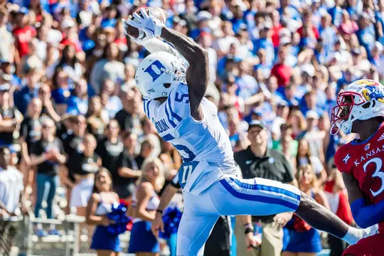 Jalon Calhoun makes a catch during Duke's game at Kansas