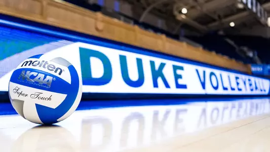 A volleyball sits in front of the video board in Cameron Indoor Stadium